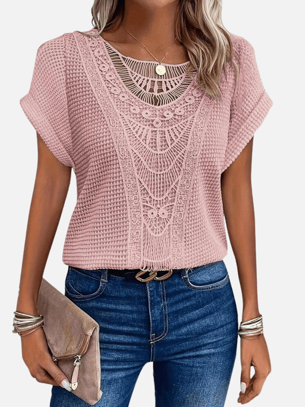 Maria | Vaffelstrik Bluse med Blonde og Rund Hals