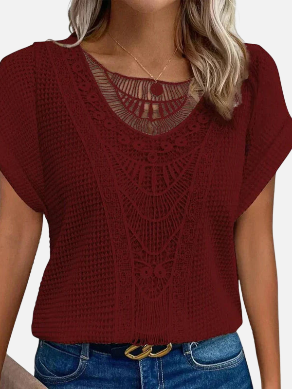 Maria | Vaffelstrik Bluse med Blonde og Rund Hals