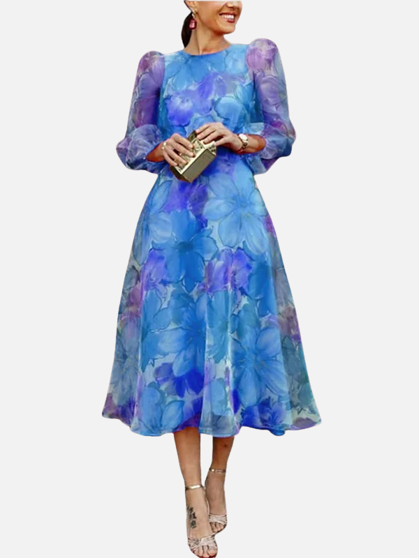 Pia | Blomstret Midikjole med Pufærmer, Elegant