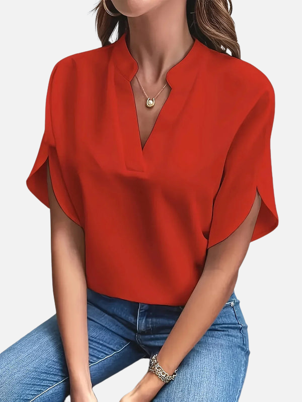 Karen | Elegant V-Hals Bluse med Korte Ærmer