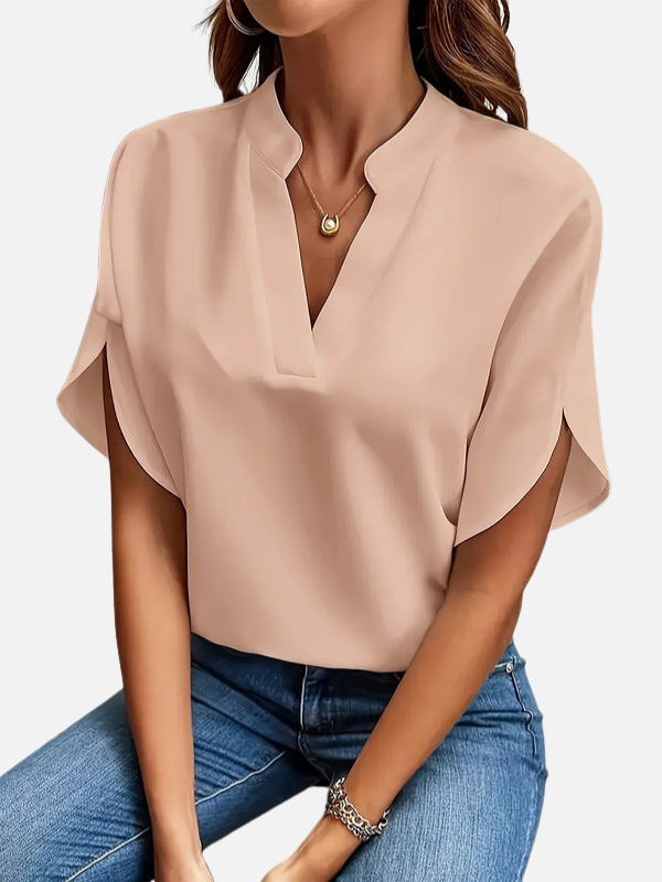Karen | Elegant V-Hals Bluse med Korte Ærmer