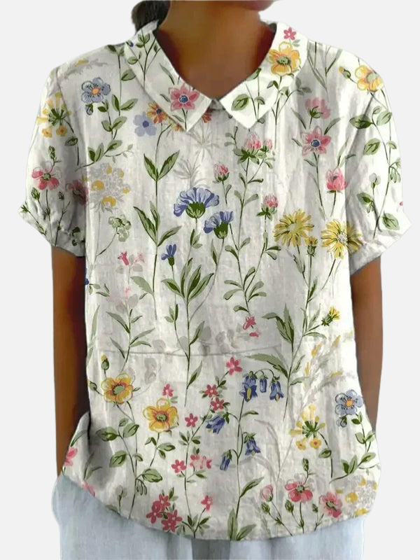 Pia | Blomstret Kortærmet Bluse med Krave