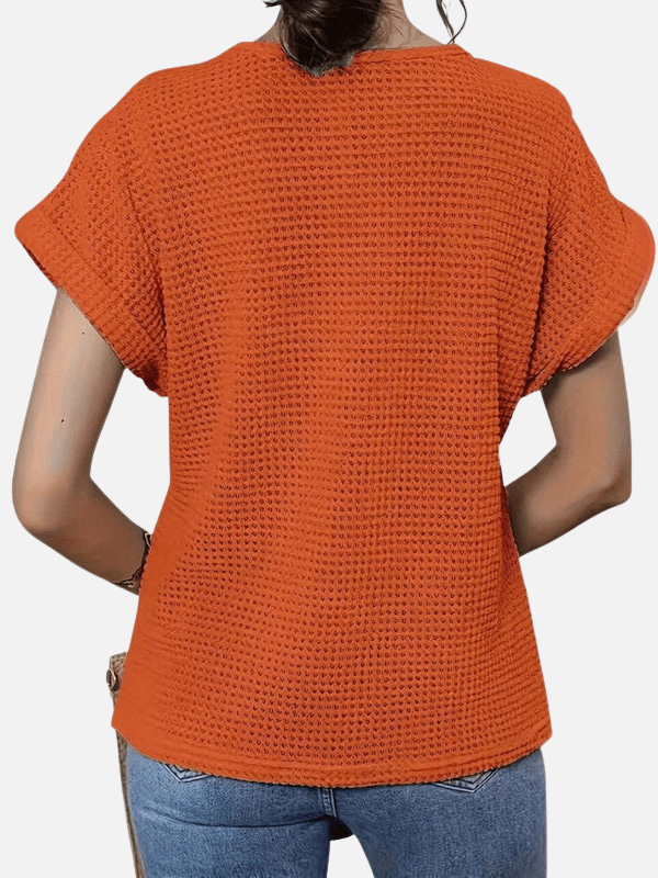 Maria | Vaffelstrik Bluse med Blonde og Rund Hals