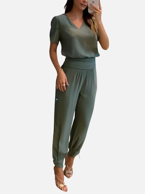 Karen | Geometrisk Print Bukser & V-Hals Top Sæt