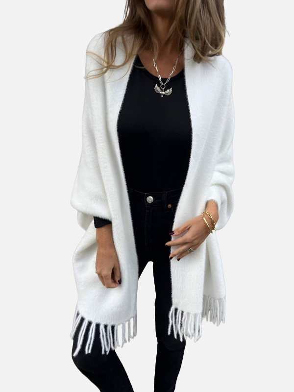 Kirsten | Lang Fluffy Cardigan – Poncho med Frynser