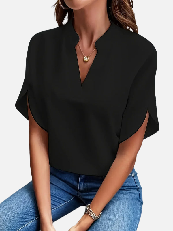 Karen | Elegant V-Hals Bluse med Korte Ærmer