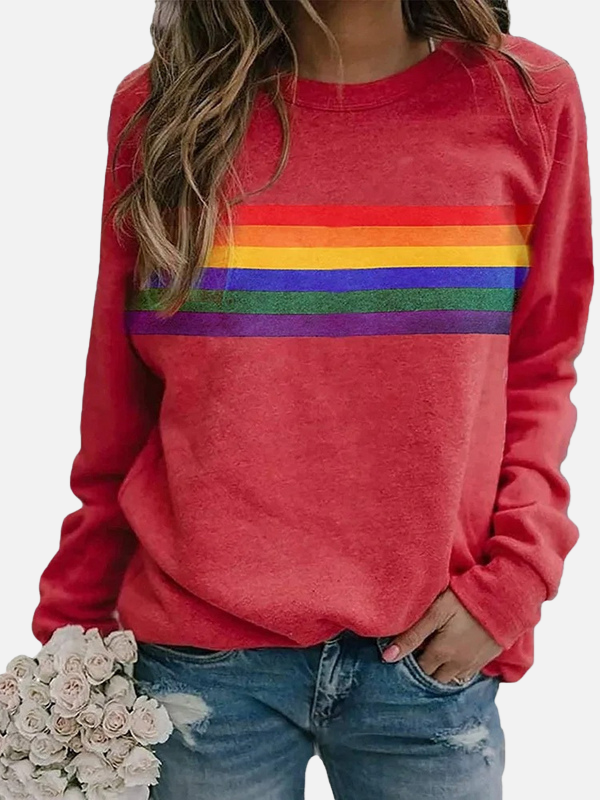 Helle | Sweatshirt med Regnbuestriber, Rund Hals