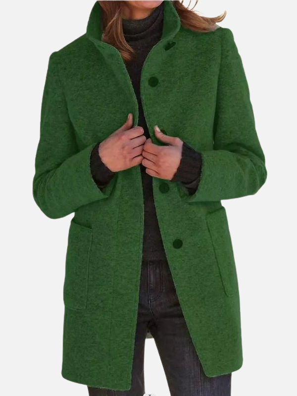 Pia | Meleret Frakke i Uld-look med Ståkrave