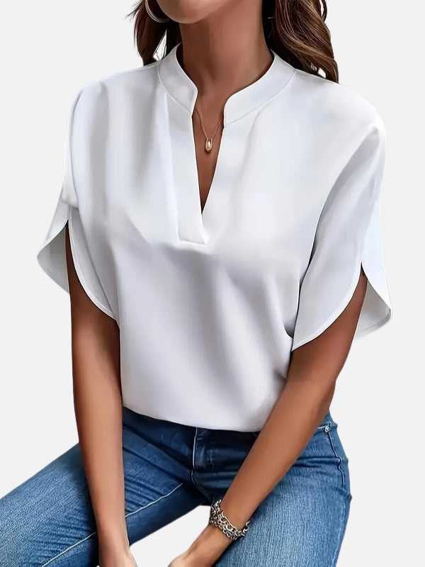 Karen | Elegant V-Hals Bluse med Korte Ærmer