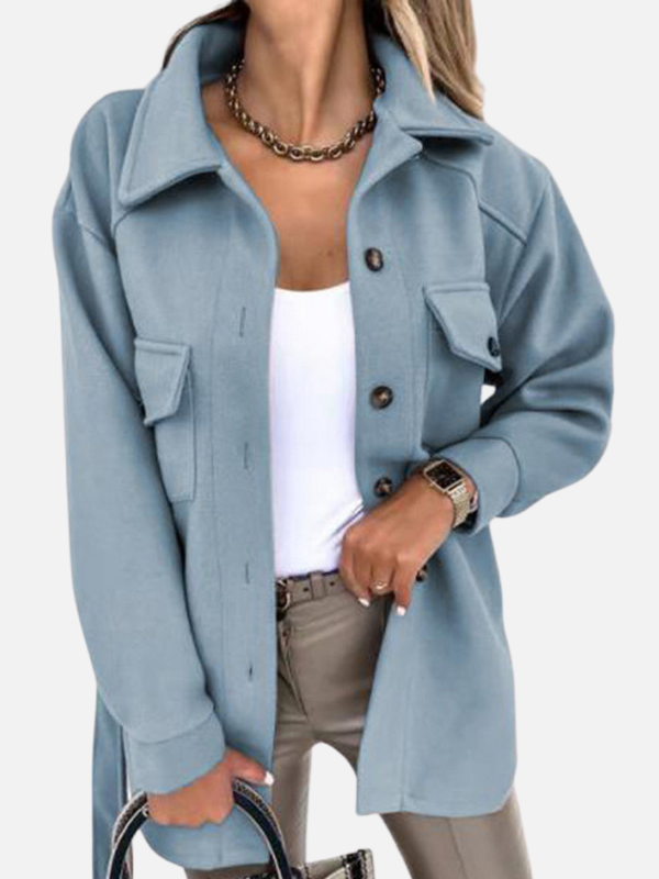 Lene | Lang Uld-look Shacket med Krave & Lommer
