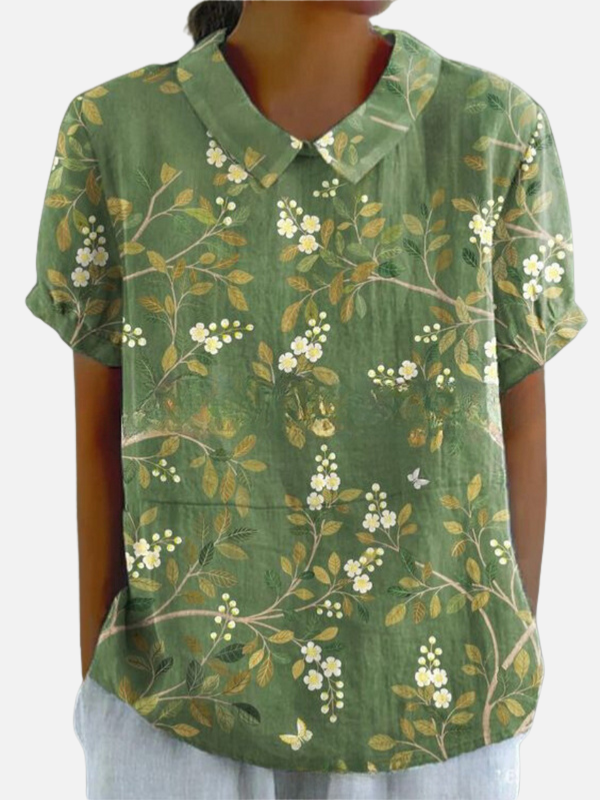 Pia | Blomstret Kortærmet Bluse med Krave