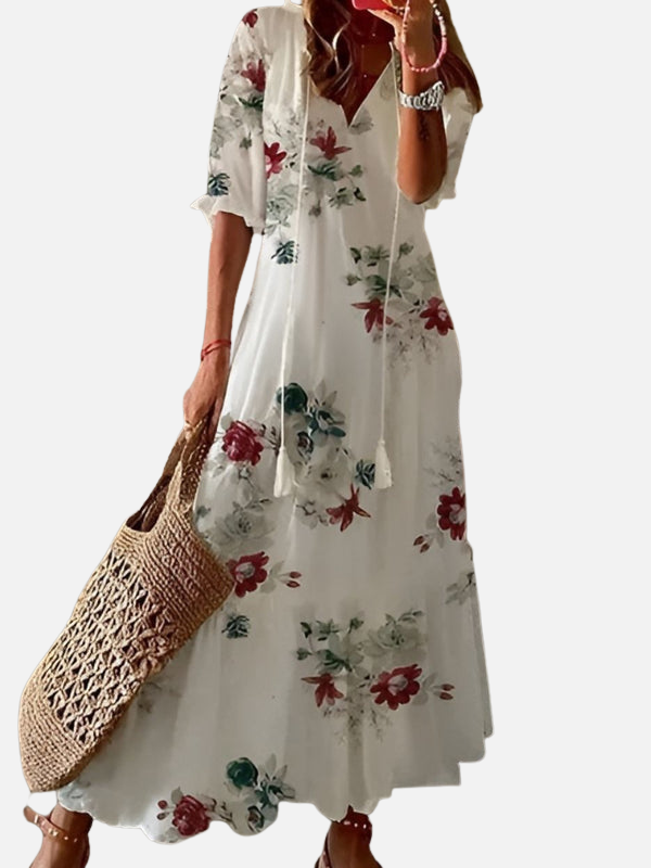 Ida | Mønstret Maxikjole med V-Hals, Boho Sommer