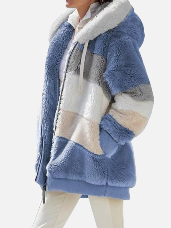 Pia | Fluffy Teddyjakke med Hætte & Patchwork
