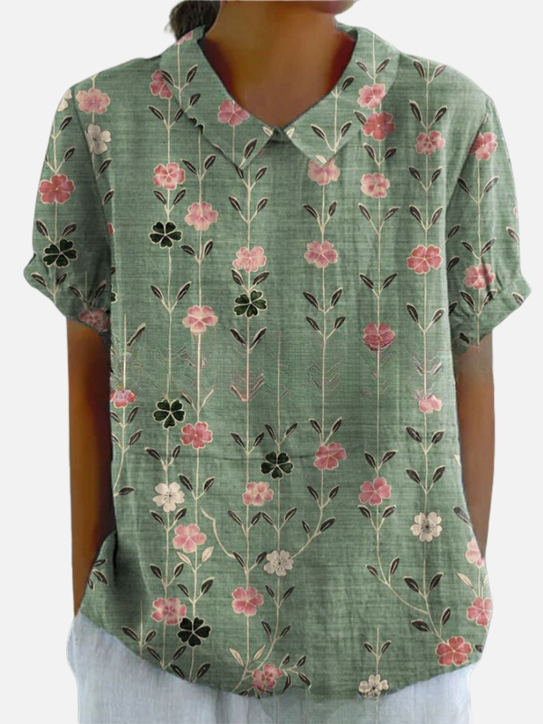 Pia | Blomstret Kortærmet Bluse med Krave
