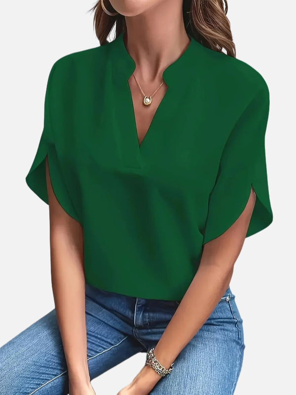 Karen | Elegant V-Hals Bluse med Korte Ærmer