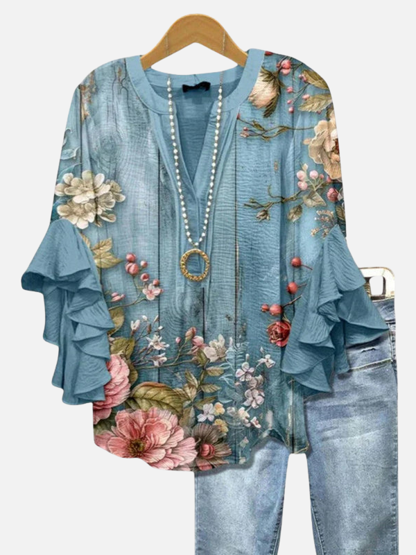 Anna | Blomstret V-Hals Bluse med Flæseærmer