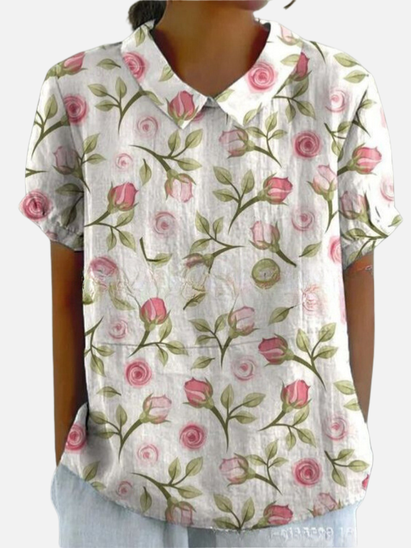 Pia | Blomstret Kortærmet Bluse med Krave