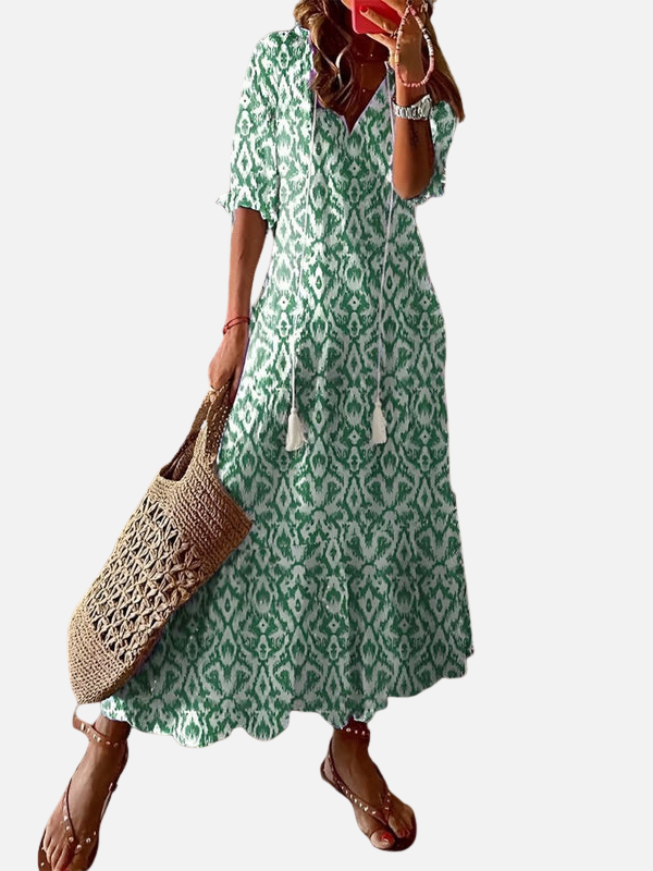 Ida | Mønstret Maxikjole med V-Hals, Boho Sommer
