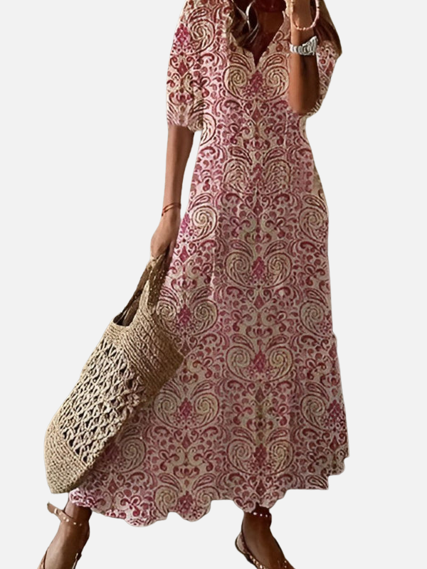 Ida | Mønstret Maxikjole med V-Hals, Boho Sommer