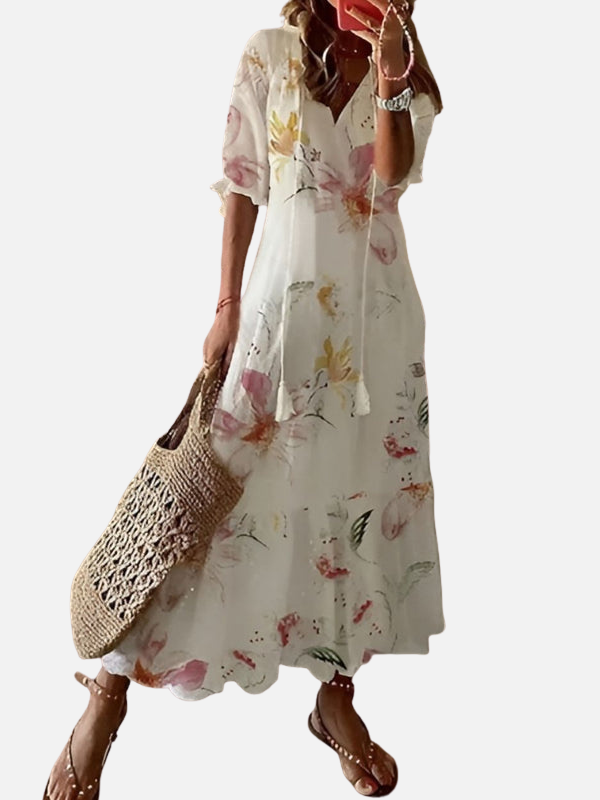 Ida | Mønstret Maxikjole med V-Hals, Boho Sommer