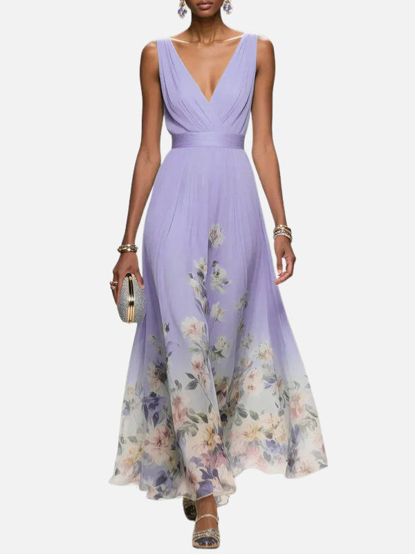 Camilla | Blomstret Aftenkjole med V-Hals, Maxi