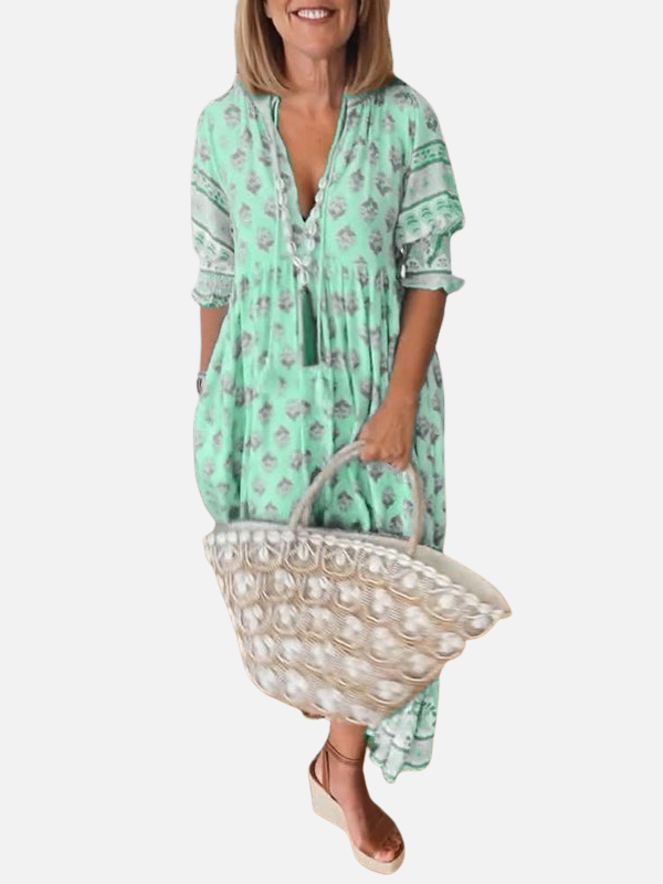 Marianne | Blomstret Boho Kjole med V-Hals