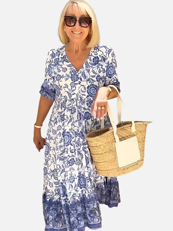 Lene | Blomstret Maxikjole med V-Hals