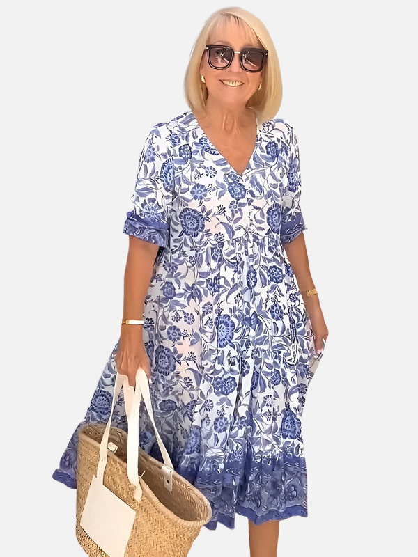 Lene | Blomstret Maxikjole med V-Hals