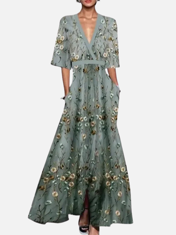 Maria | Blomstret Maxikjole med V-Hals, Elegant