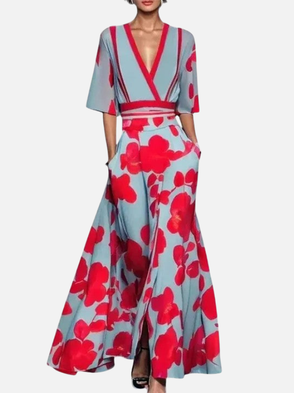 Maria | Blomstret Maxikjole med V-Hals, Elegant