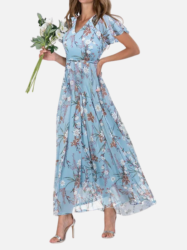 Maria | Blomstret Maxikjole med V-Hals, Sommer