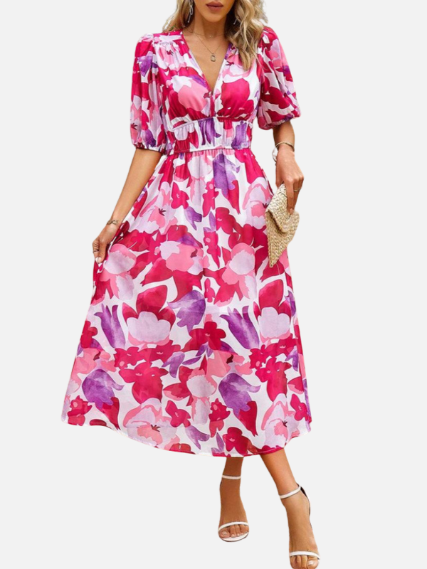 Susanne | Blomstret Midikjole med V-Hals, Sommer