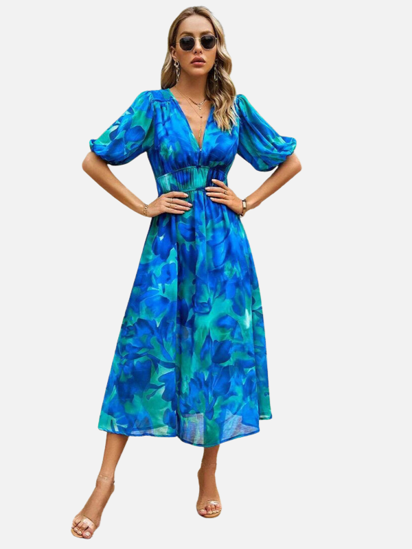 Susanne | Blomstret Midikjole med V-Hals, Sommer