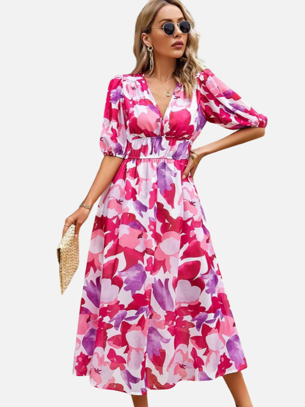 Susanne | Blomstret Midikjole med V-Hals, Sommer