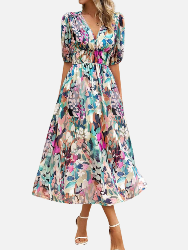 Susanne | Blomstret Midikjole med V-Hals, Sommer