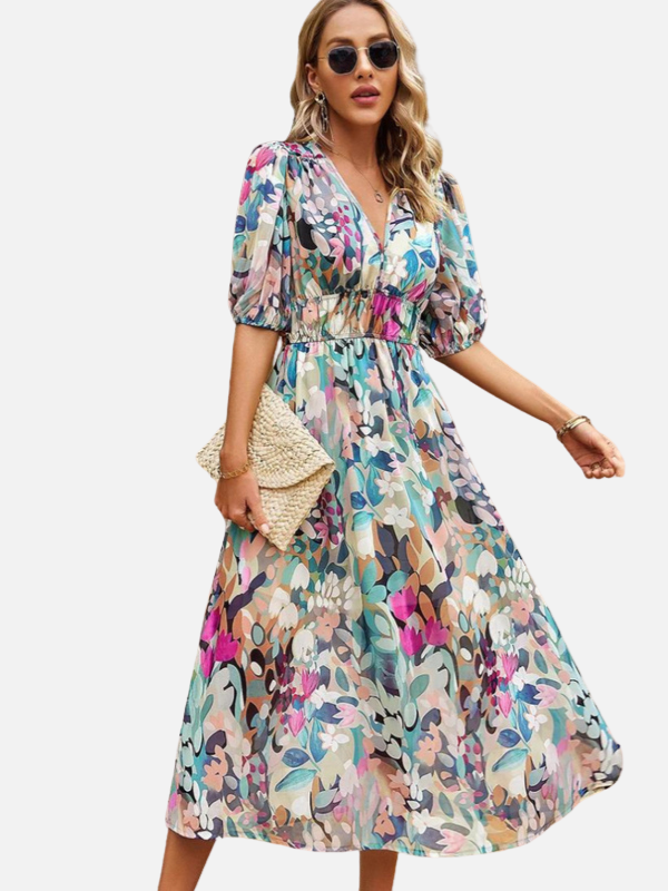 Susanne | Blomstret Midikjole med V-Hals, Sommer