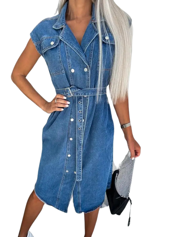 Camilla | Denim Midikjole med Bindebælte