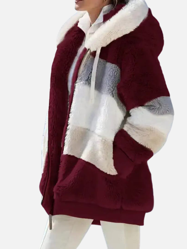 Pia | Fluffy Teddyjakke med Hætte & Patchwork