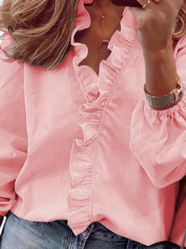 Ida | Elegant V-Hals Bluse med Flæser