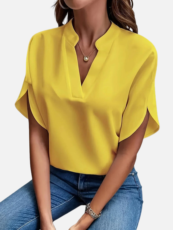 Karen | Elegant V-Hals Bluse med Korte Ærmer