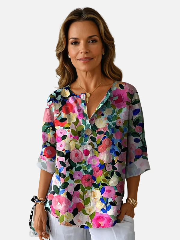 Susanne | Farverig Blomstret V-Hals Bluse