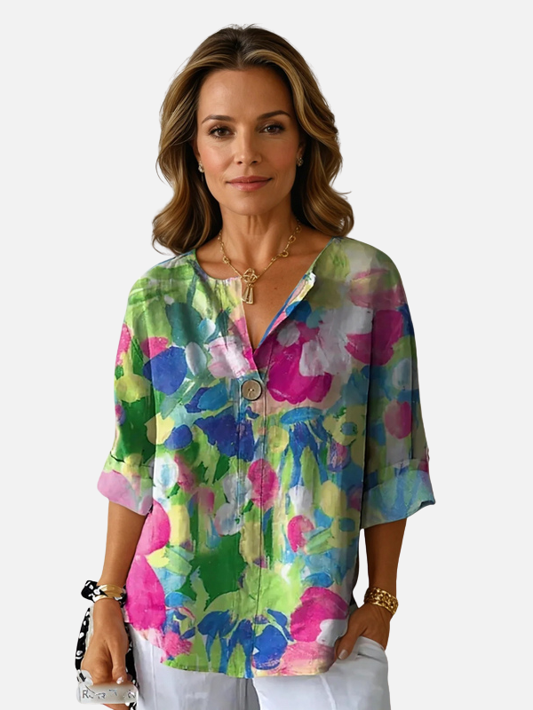 Susanne | Farverig Blomstret V-Hals Bluse