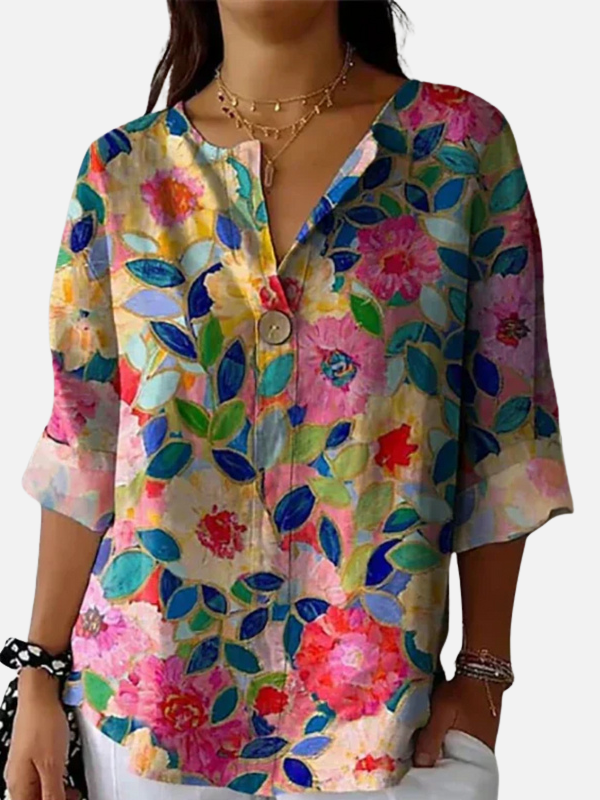 Susanne | Farverig Blomstret V-Hals Bluse