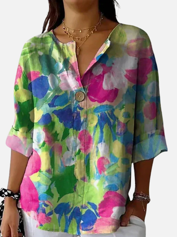 Susanne | Farverig Blomstret V-Hals Bluse