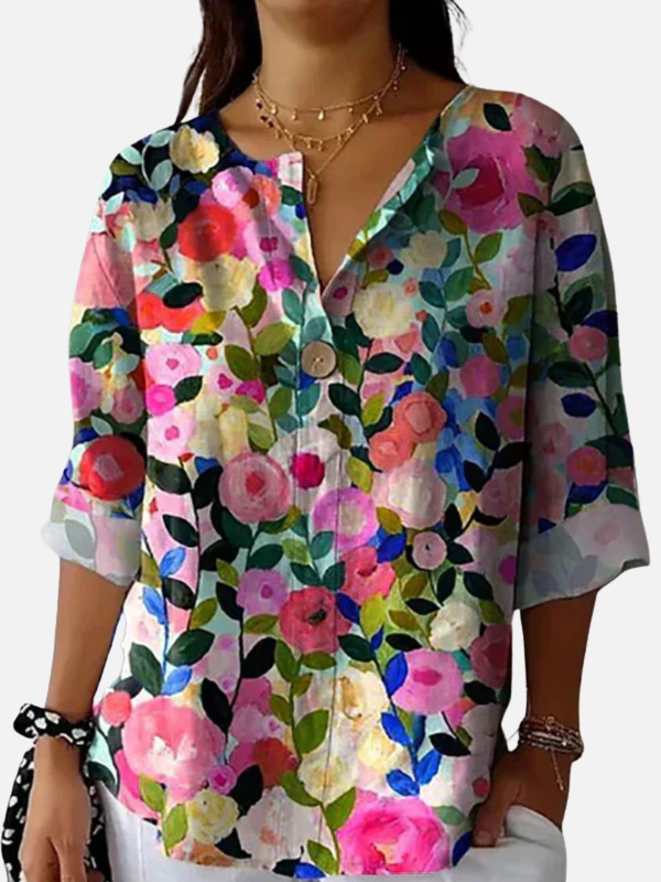Susanne | Farverig Blomstret V-Hals Bluse