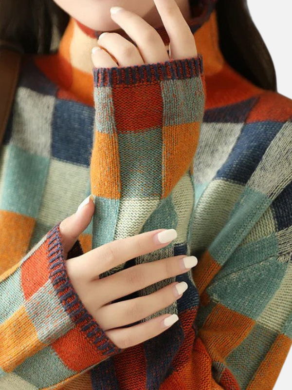 Maria | Farverig Ternet Strik Sweater med Høj Hals