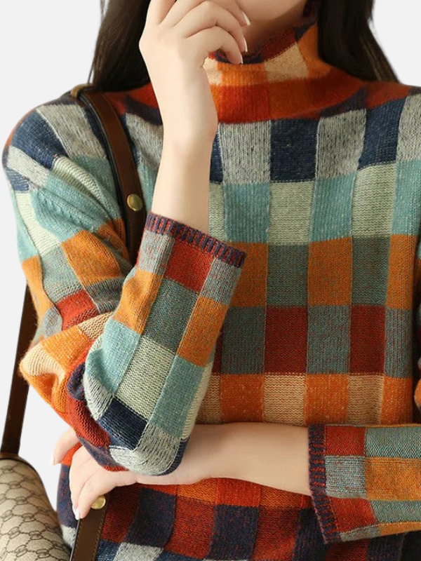 Maria | Farverig Ternet Strik Sweater med Høj Hals