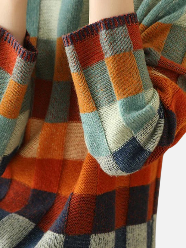 Maria | Farverig Ternet Strik Sweater med Høj Hals