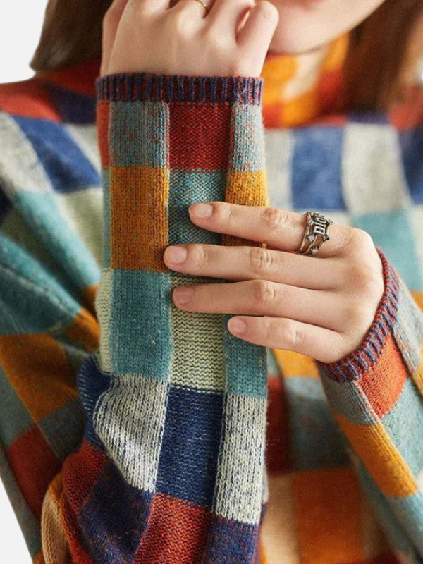 Maria | Farverig Ternet Strik Sweater med Høj Hals