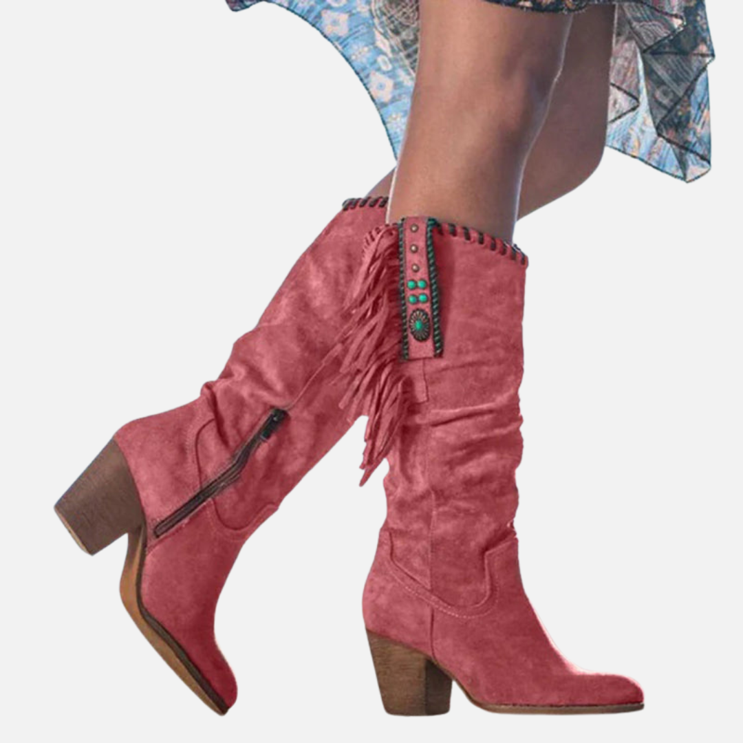 Pia | Knæhøje Frynsestøvler, Boho Cowboystøvler